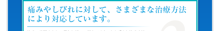 痛みやしびれに対して、さまざまな治療方法により対応しています。