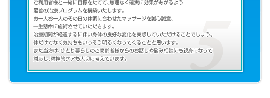 ケアマネさんと相談・摺り合わせの上、短期・中期・長期の目標を定めて、ご利用者さまにピッタリのペースを考え、 マッサージやリハビリを行っていきます。無理なく確実に効果が上がるような施術を心がけています。